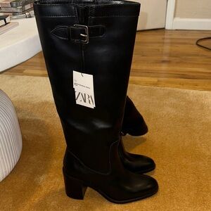 Zara Black Heeled Boots with Buckle Detail